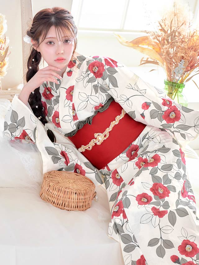 [セパレート浴衣] 白地×赤椿柄浴衣[4点SET]【YUKATA by dazzy 2025】
