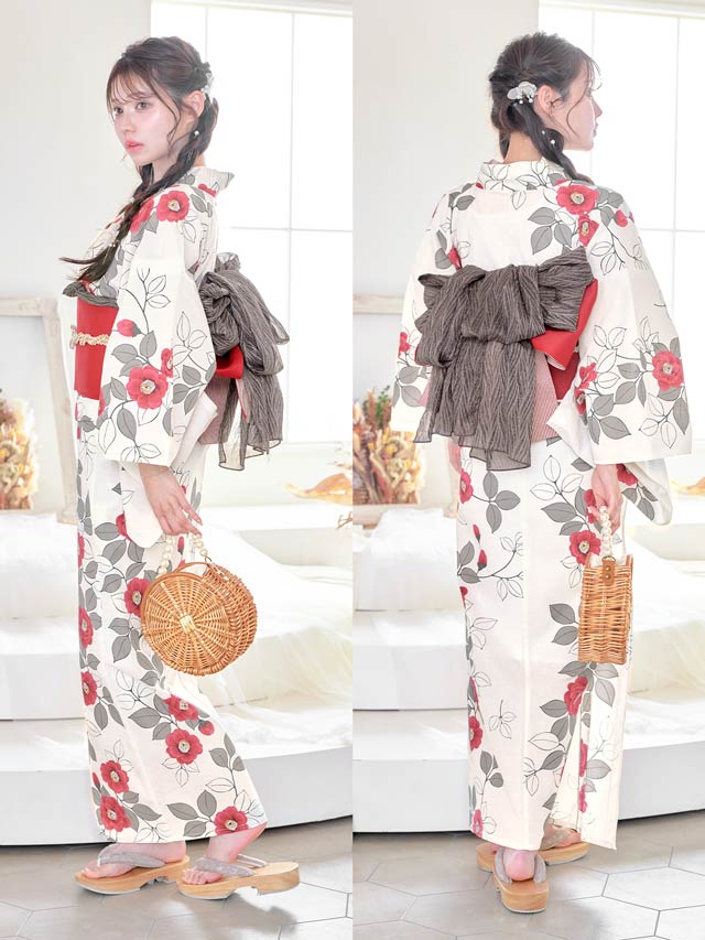 [セパレート浴衣] 白地×赤椿柄浴衣[4点SET]【YUKATA by dazzy 2025】