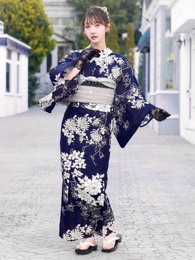 [セパレート浴衣] 紺地×レトロ花柄浴衣[4点SET]【YUKATA by dazzy 2025】