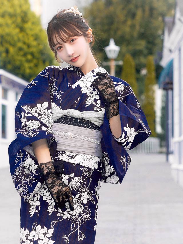 [セパレート浴衣] 紺地×レトロ花柄浴衣[4点SET]【YUKATA by dazzy 2025】