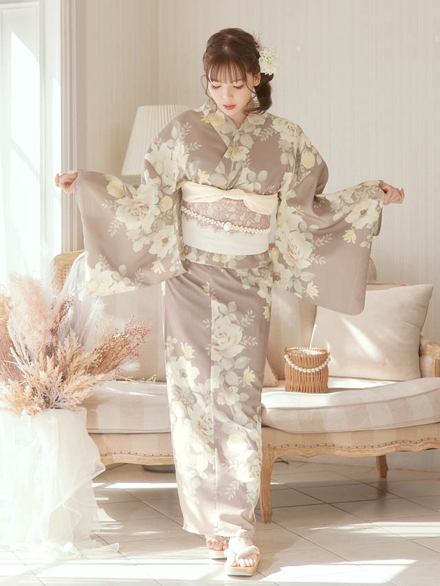 [3点SET]ダスティー白薔薇牡丹柄浴衣【YUKATA by dazzy 2025】
