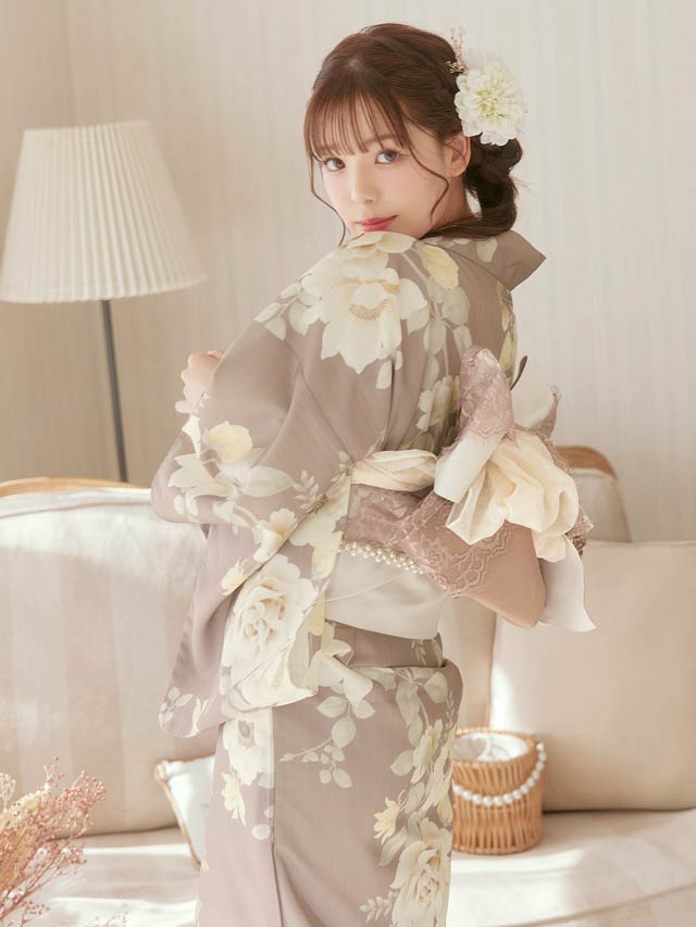 [3点SET]ダスティー白薔薇牡丹柄浴衣【YUKATA by dazzy 2025】
