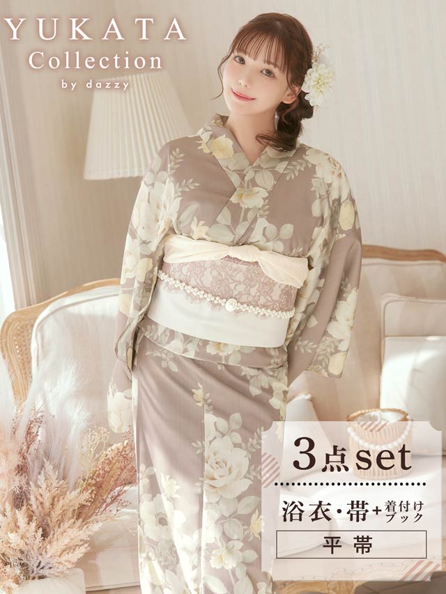 [3点SET]ダスティー白薔薇牡丹柄浴衣【YUKATA by dazzy 2025】