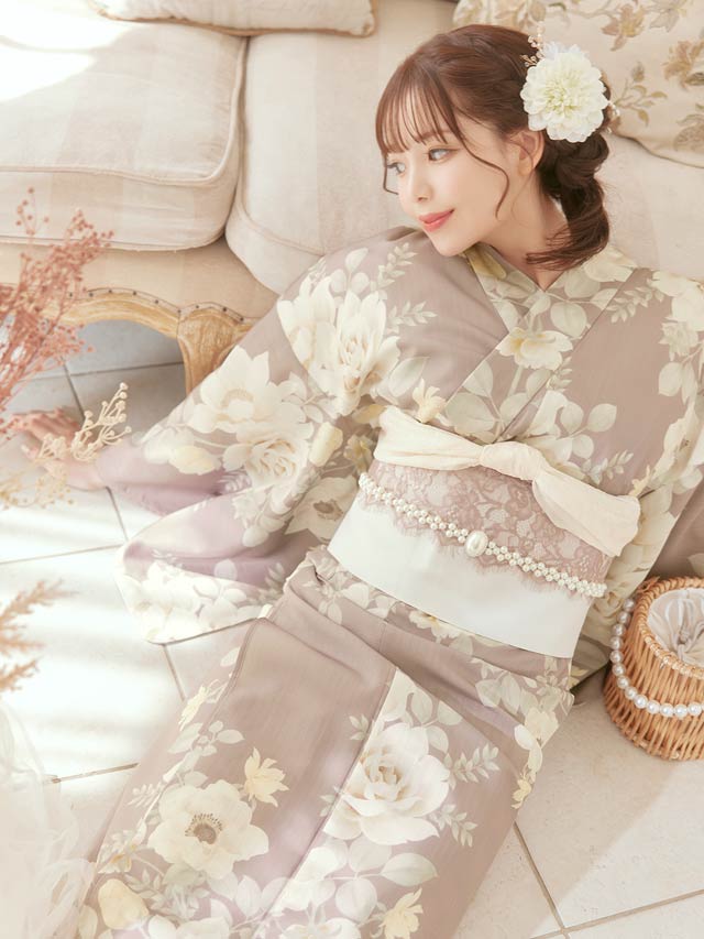 [3点SET]ダスティー白薔薇牡丹柄浴衣【YUKATA by dazzy 2025】