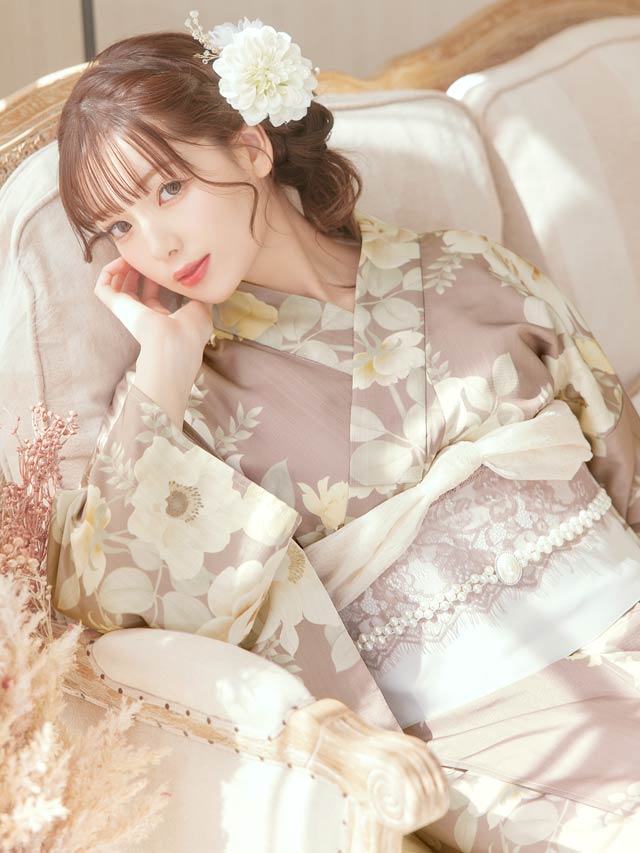 [3点SET]ダスティー白薔薇牡丹柄浴衣【YUKATA by dazzy 2025】