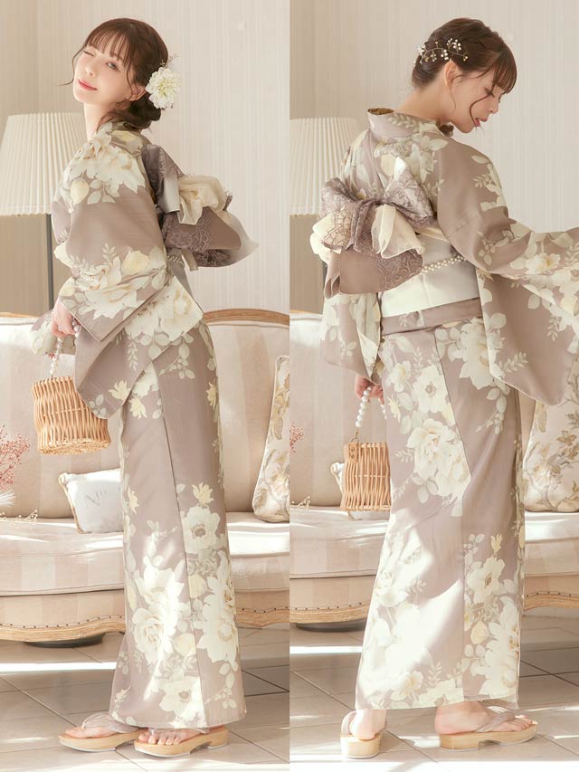 [3点SET]ダスティー白薔薇牡丹柄浴衣【YUKATA by dazzy 2025】