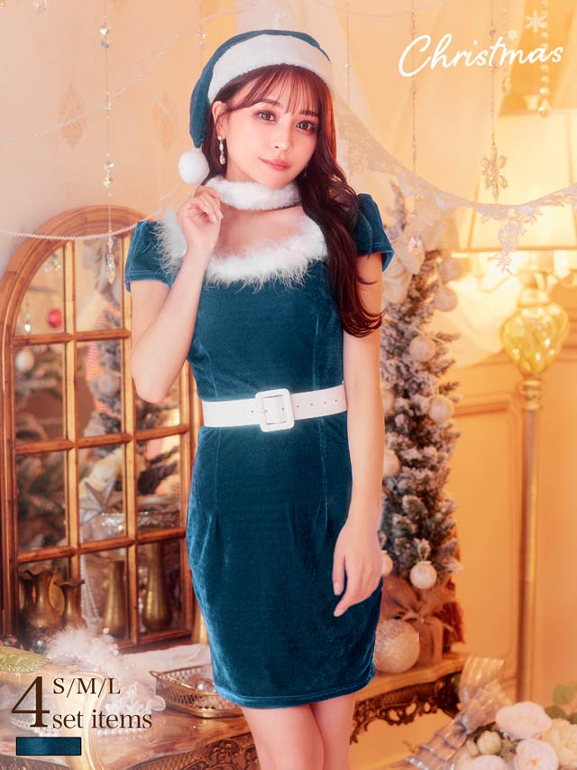 [4点SET]フェザー×ファーSEXYタイトサンタワンピースセット【2025サンタ/コスプレ】