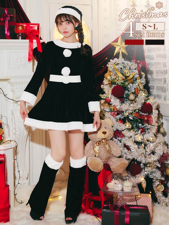 [4点SET]ベルト付きフレアサンタワンピースセット【2025サンタ/コスプレ】