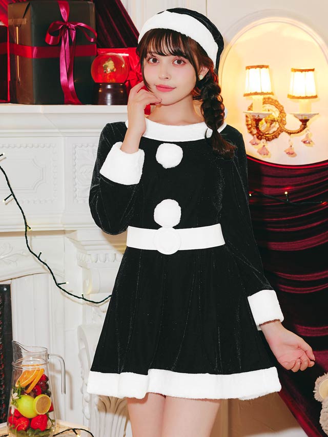 [4点SET]ベルト付きフレアサンタワンピースセット【2025サンタ/コスプレ】