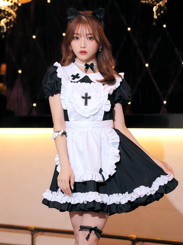 《ハロウィン早得★送料無料》9/8再入荷!【6点SET】猫耳ゴシックメイドコスチューム【2025ハロウィン/コスプレ】