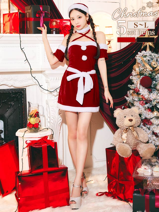 [5点SET]サンタクロストップス＆リボン付きタイトスカートセット【2025サンタ/コスプレ】