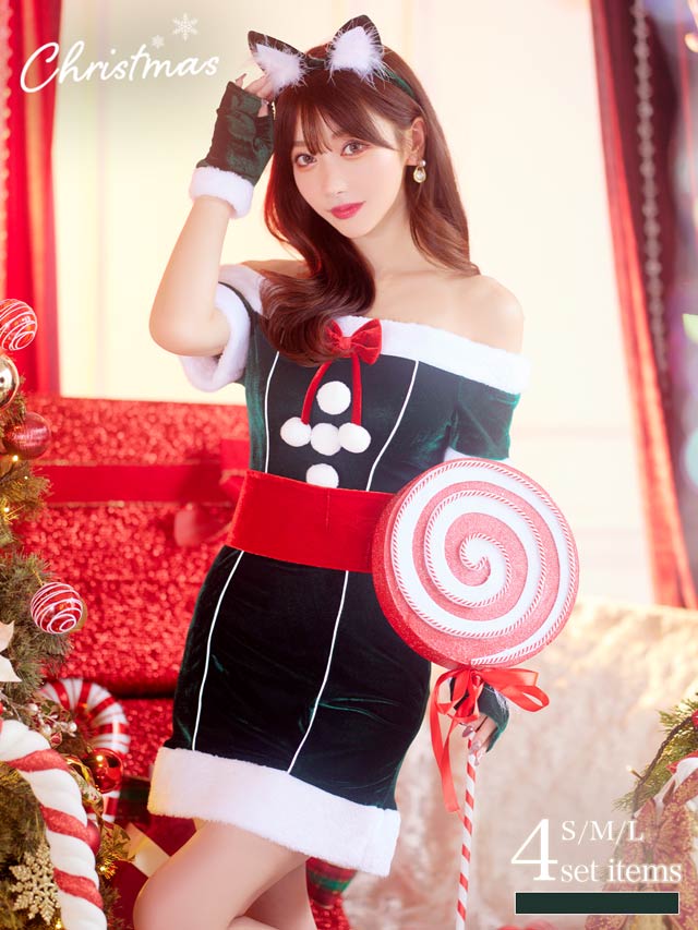 [4点SET]オフショルビッグリボン猫耳タイトサンタコスチューム【2025サンタ/コスプレ】
