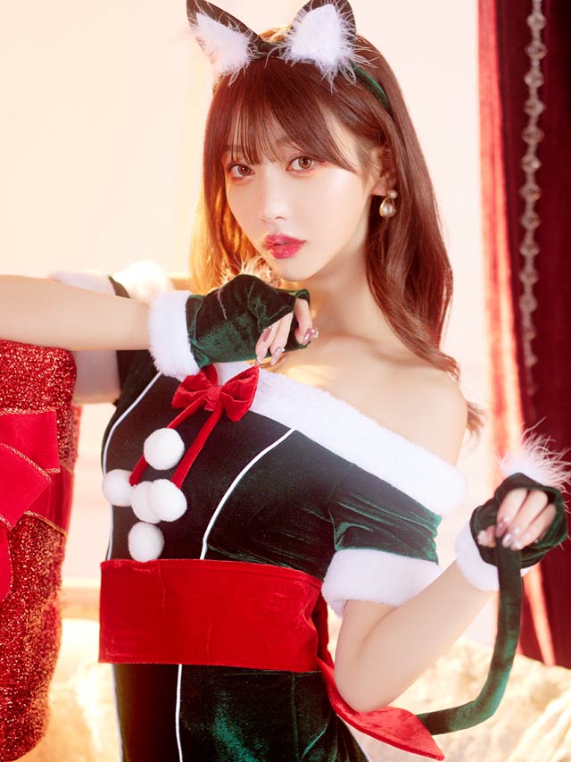 [4点SET]オフショルビッグリボン猫耳タイトサンタコスチューム【2025サンタ/コスプレ】