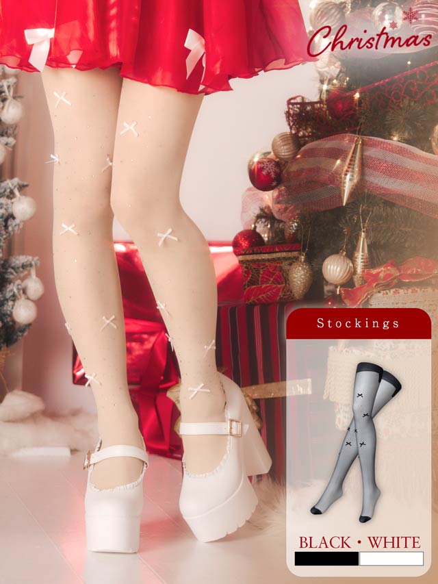 11/13新作!輝くラインストーンにリボンがCUTEなストッキング【2025サンタ/コスプレ】