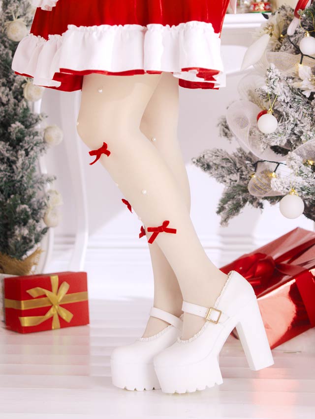 11/13新作!大きめ赤リボンにパールがちりばめられたCUTEなストッキング【2025サンタ/コスプレ】