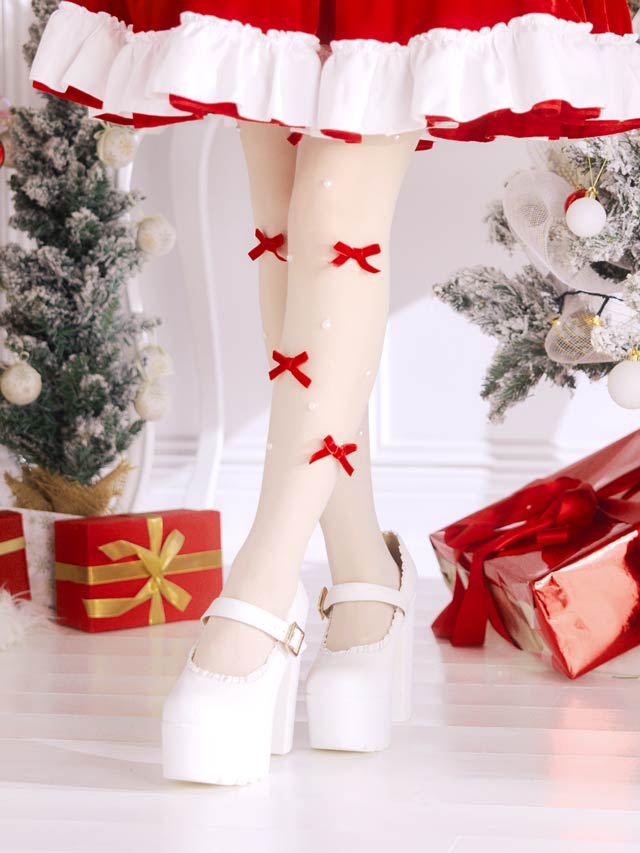 11/13新作!大きめ赤リボンにパールがちりばめられたCUTEなストッキング【2025サンタ/コスプレ】