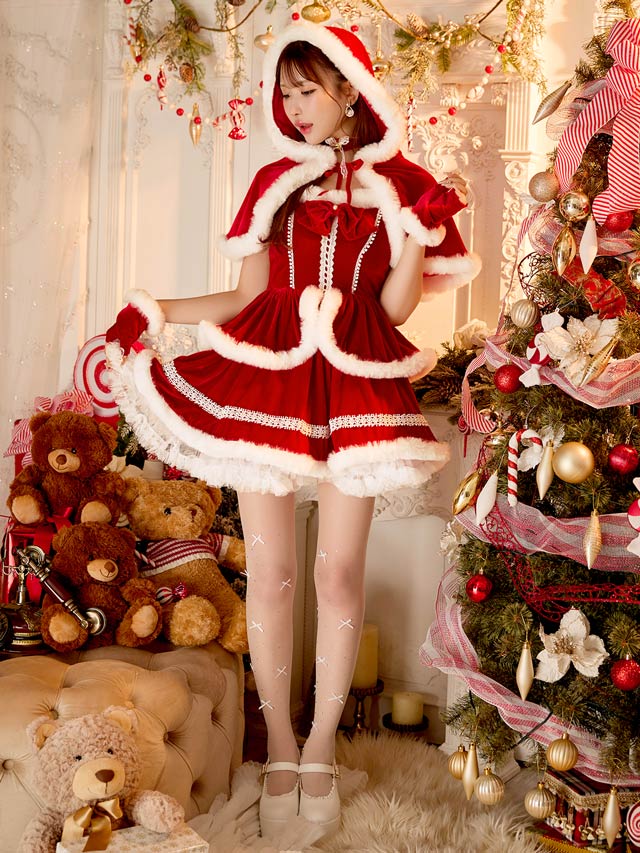 11/5新作!【伊藤桃々着用】[7点SET]ホワイトファーティアードサンタコス【2025サンタ/コスプレ】