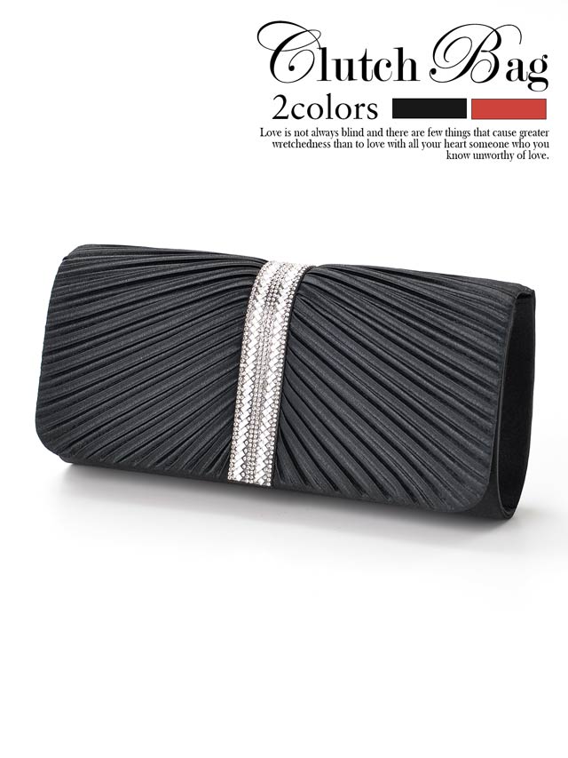 [全2色][2way]サテンプリーツxラインストーン付クラッチバッグ