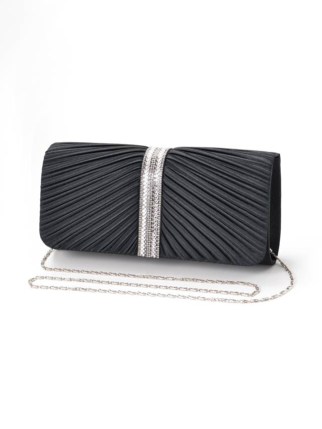 [全2色][2way]サテンプリーツxラインストーン付クラッチバッグ