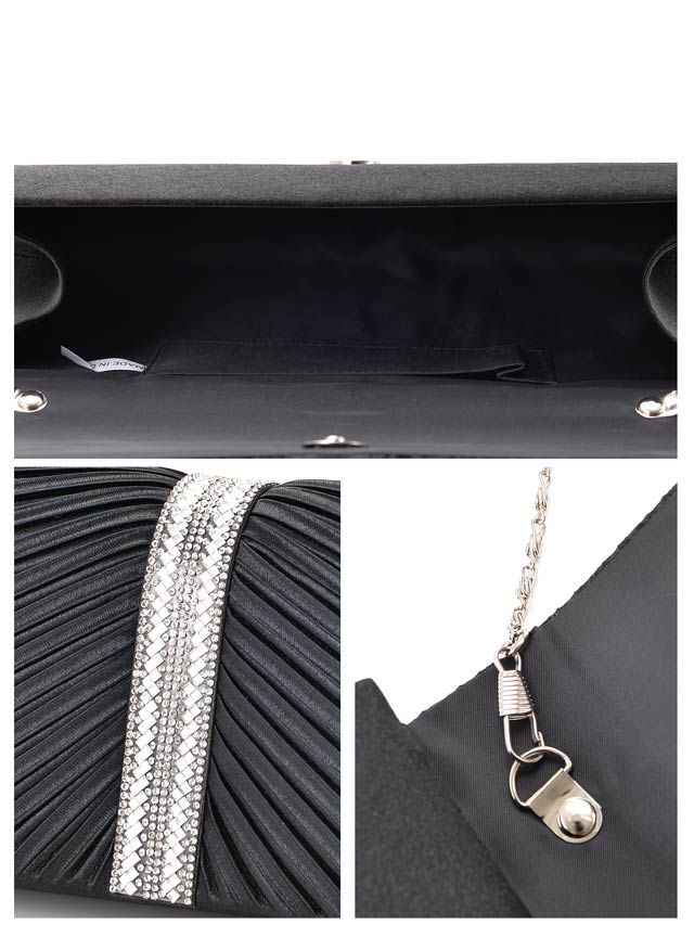 [全2色][2way]サテンプリーツxラインストーン付クラッチバッグ