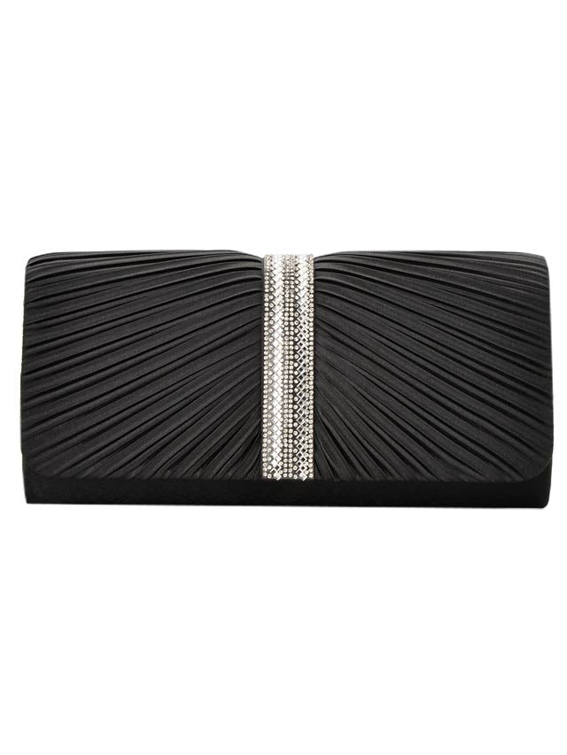 [全2色][2way]サテンプリーツxラインストーン付クラッチバッグ