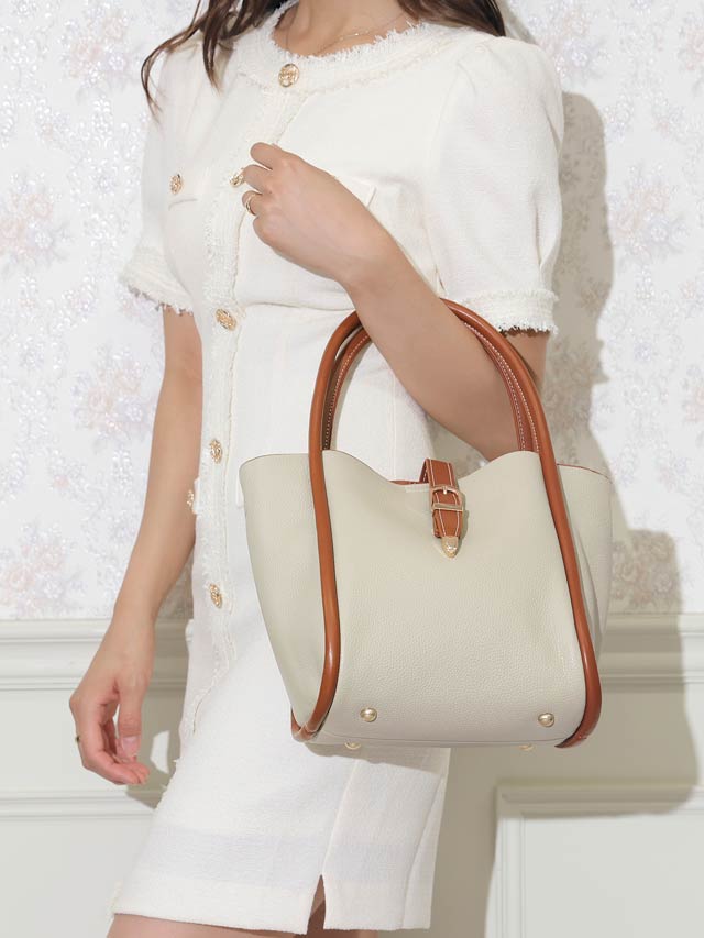 [2way]バイカラーパイピングベルトハンドバッグ＆ショルダーバッグ