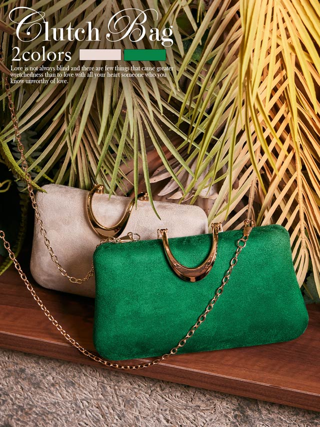 ワンカラースエードゴールドバックルクラッチバッグ