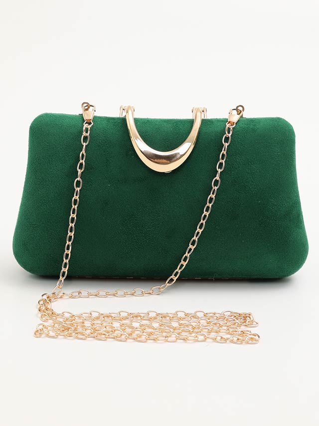 ワンカラースエードゴールドバックルクラッチバッグ