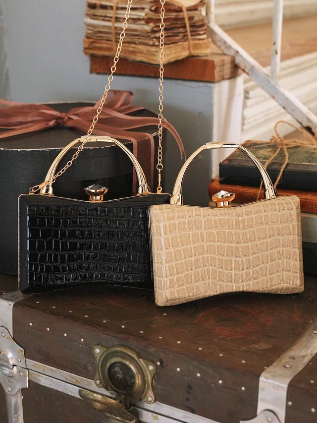 [2way]クロコ調ビジューゴールドハンド＆ショルダーバッグ