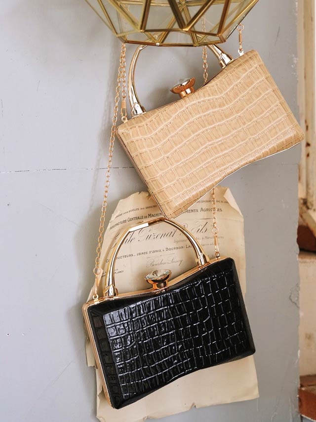 [2way]クロコ調ビジューゴールドハンド＆ショルダーバッグ