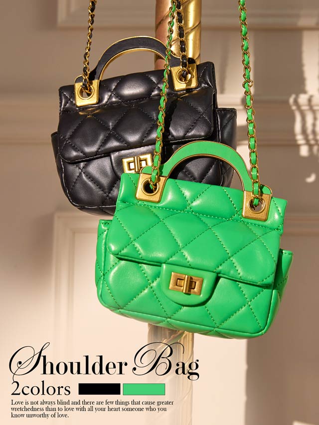 キルティングチェーンゴールド切り替えショルダーバッグ