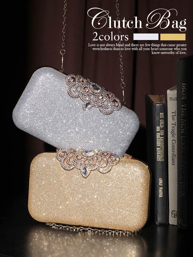 [2way]グリッターシルバービジュー付きボックスクラッチバッグ