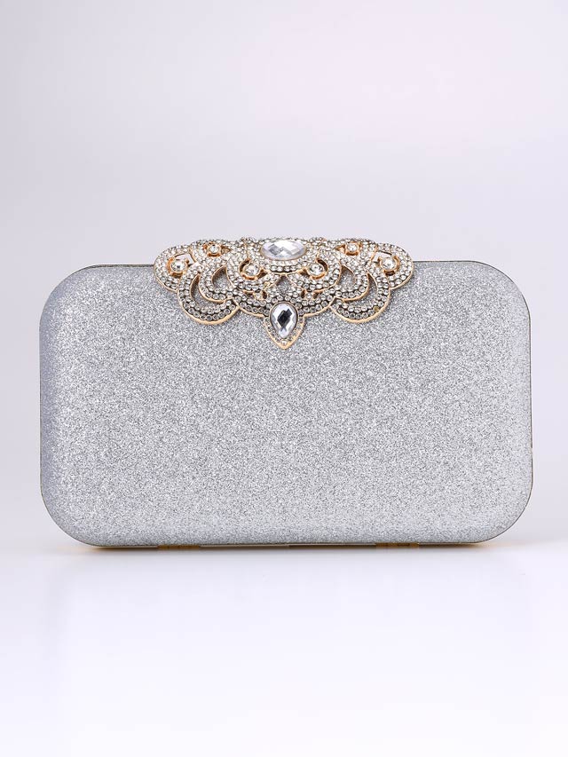 [2way]グリッターシルバービジュー付きボックスクラッチバッグ