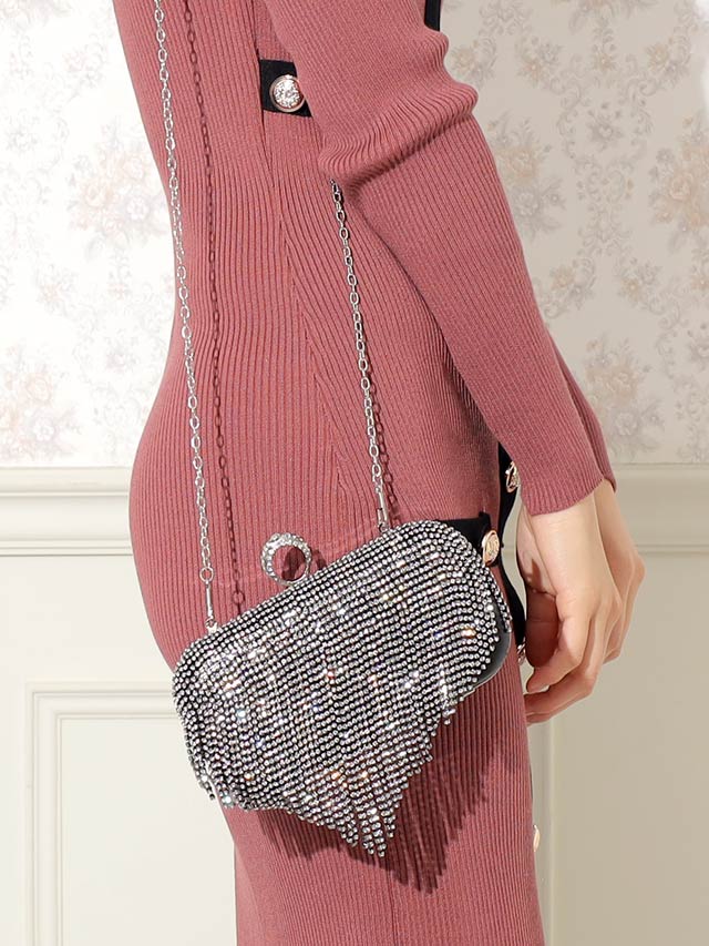 [2way]シャイニーラインストーンボックスクラッチ＆ショルダーバッグ