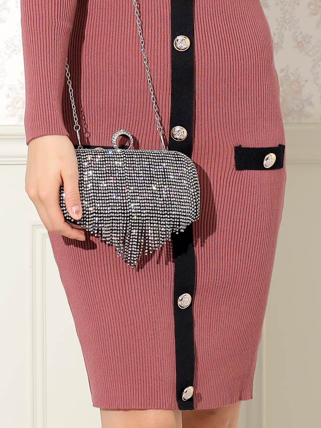 [2way]シャイニーラインストーンボックスクラッチ＆ショルダーバッグ