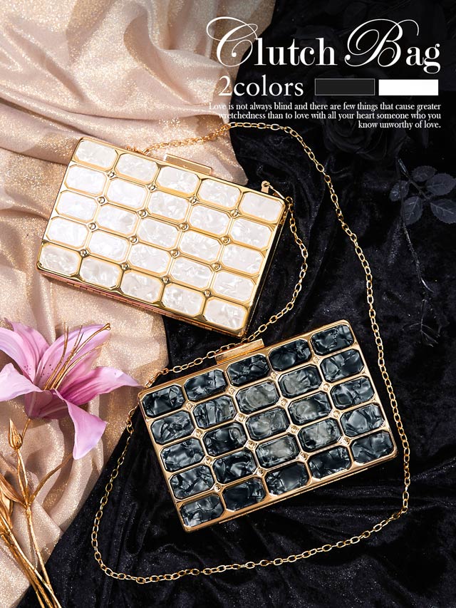 [2way]スクエアマーブルビジュークラッチ＆ショルダーバッグ