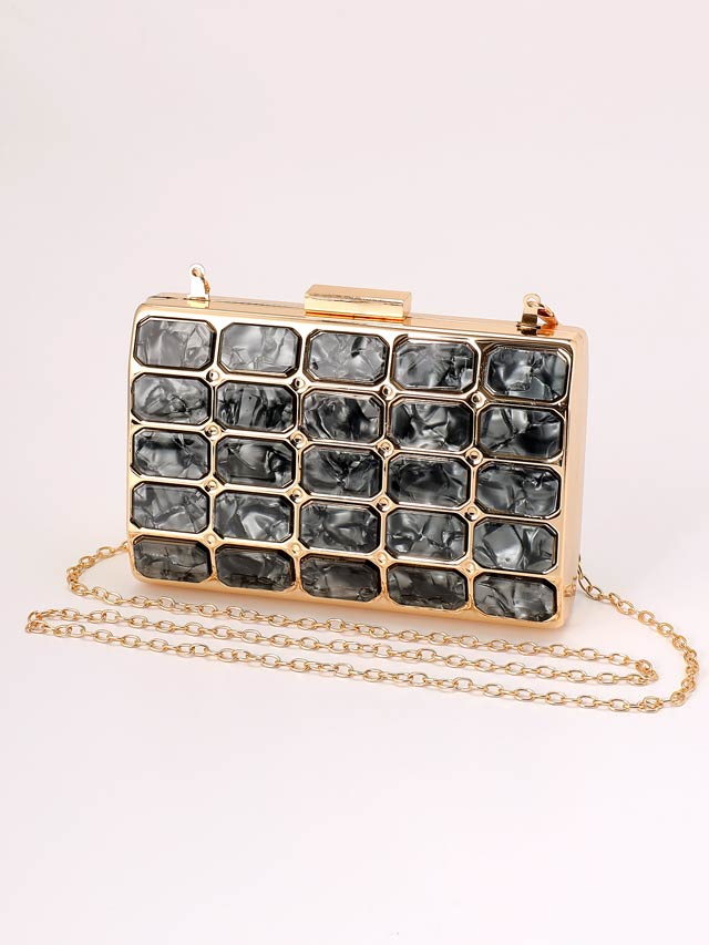 [2way]スクエアマーブルビジュークラッチ＆ショルダーバッグ