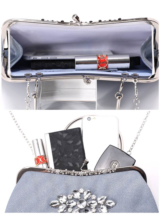 [2way]エレガントグリッターシルバービジュー付きクラッチバッグ＆ショルダーバッグ