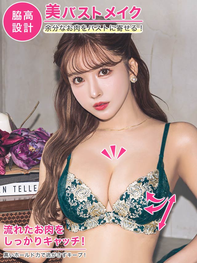 9/9再販!【三上悠亜着用】グロッシィフラワーエンブロイダリー育乳脇高ブラジャー&フルバックショーツ [推し]