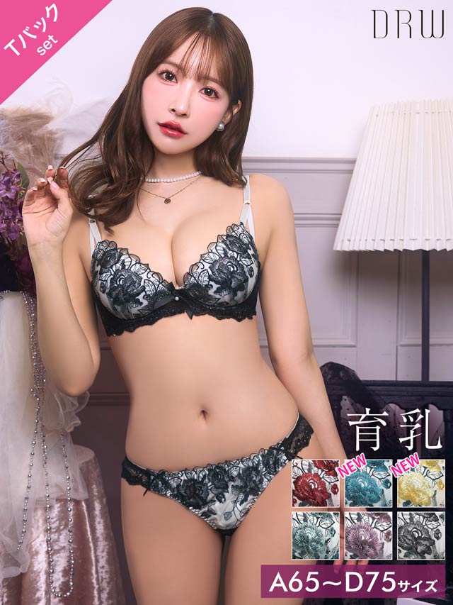 8/1再販!【育乳ブラ&Tバック】ゴージャスフラワーパール育乳脇高ブラジャー&バック透けTバックショーツ[推し][人気]