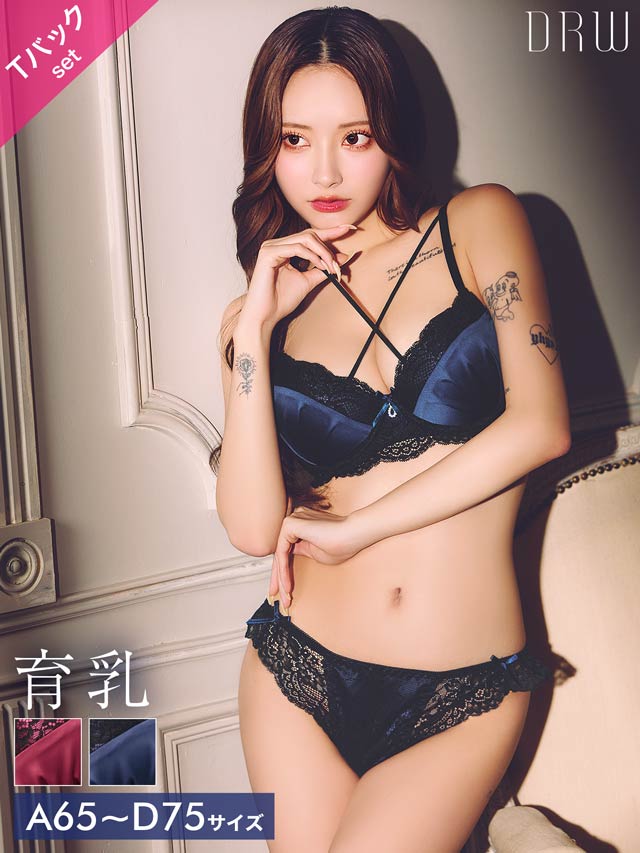 7/25新作!【Tバック】ディープサテンリボンコード育乳脇高ブラジャー&バック透けTバックショーツ[推し][人気]