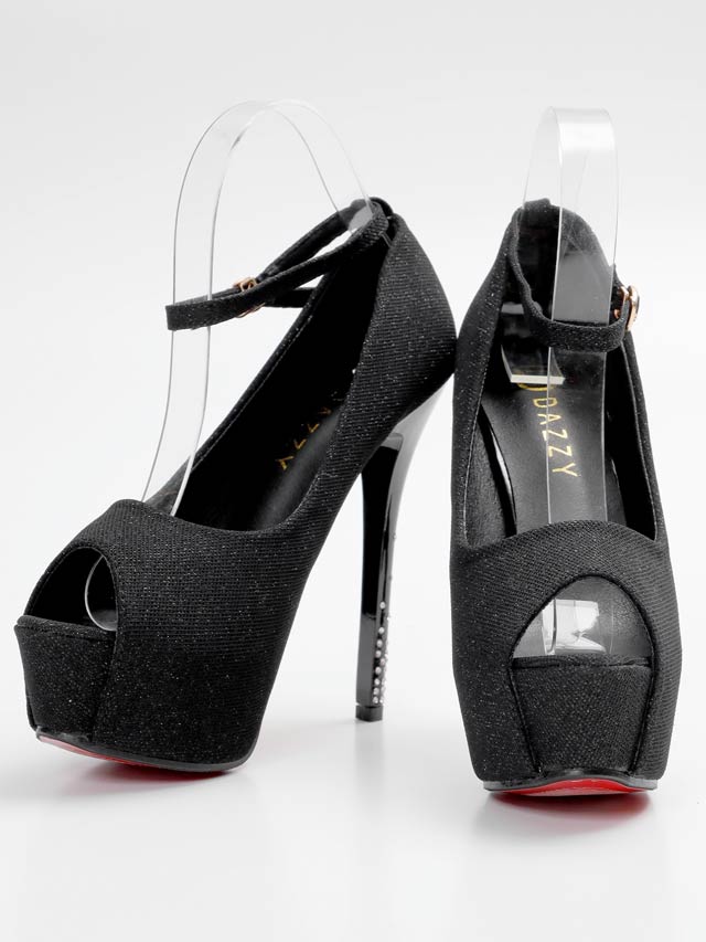 8/1再入荷!ラメシルバーストーンヒールストラップ付きオープントゥパンプス