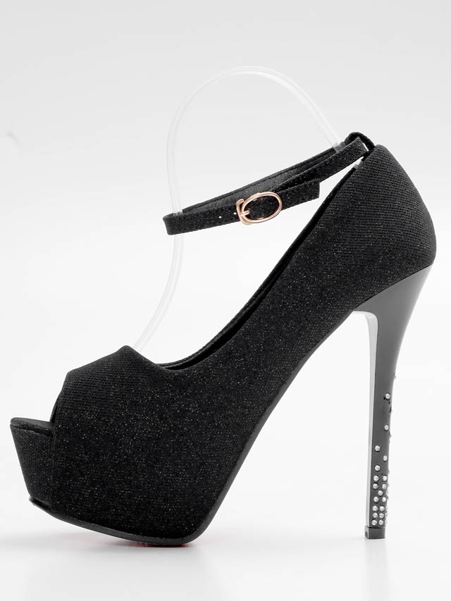 8/1再入荷!ラメシルバーストーンヒールストラップ付きオープントゥパンプス