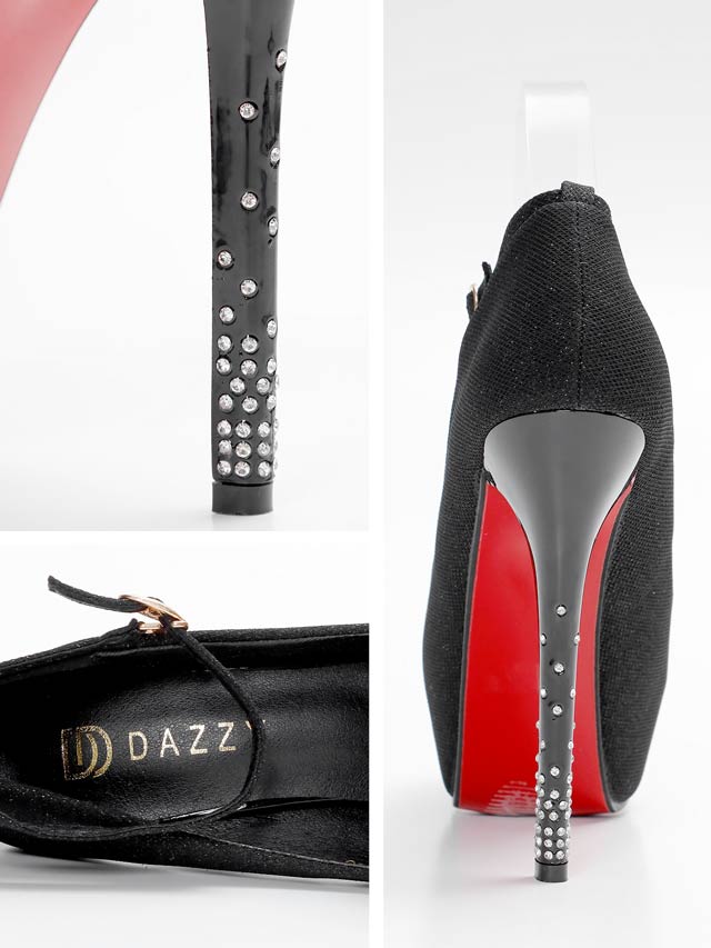 8/1再入荷!ラメシルバーストーンヒールストラップ付きオープントゥパンプス