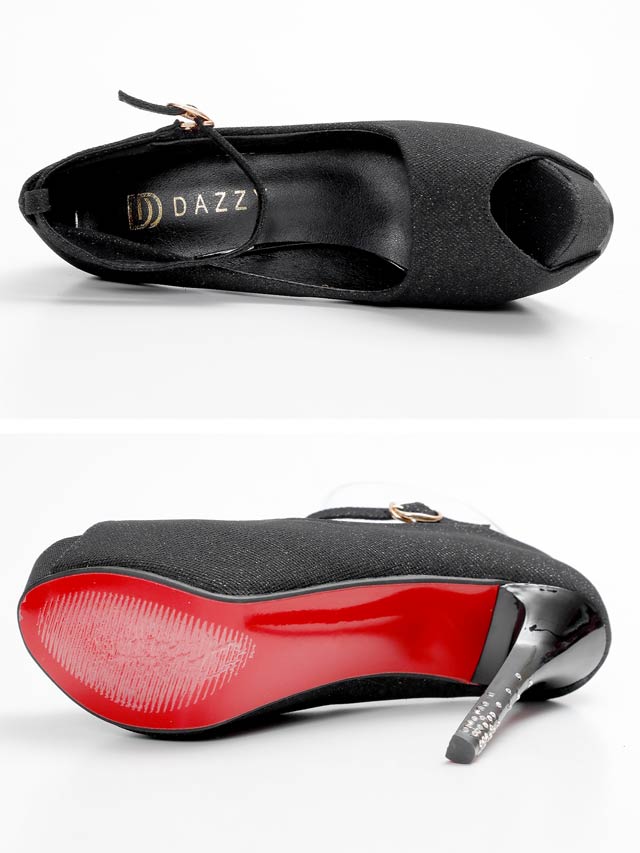 8/1再入荷!ラメシルバーストーンヒールストラップ付きオープントゥパンプス