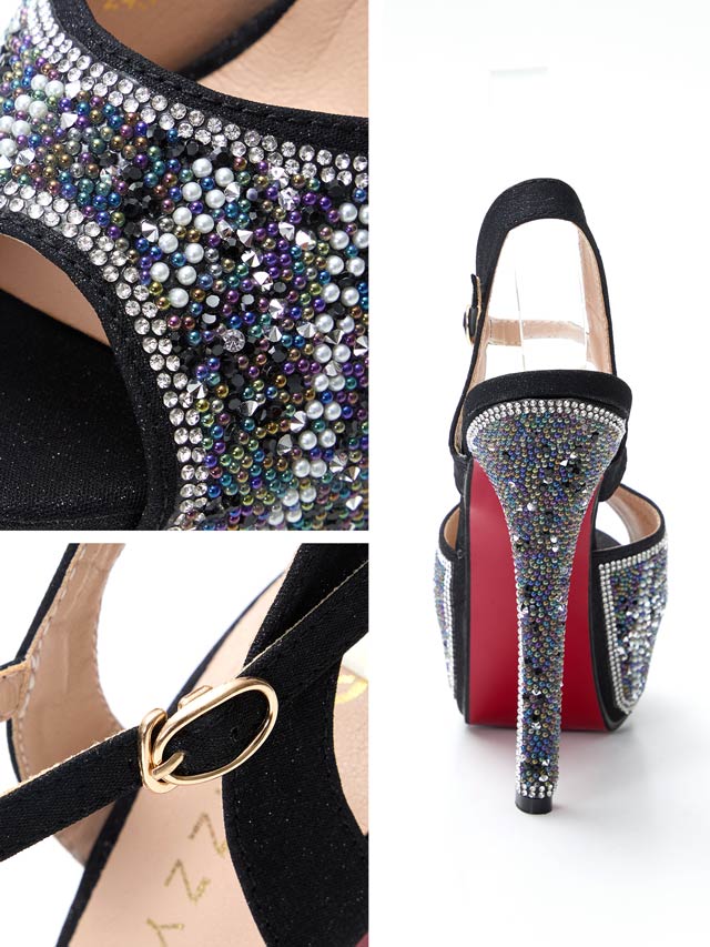 [14.5cmヒール]パールラインカラースタッズストラップ付きオープントゥサンダル[dazzyオリジナル]