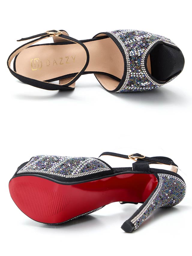 [14.5cmヒール]パールラインカラースタッズストラップ付きオープントゥサンダル[dazzyオリジナル]