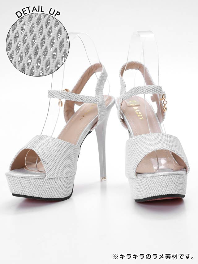 7/8再入荷![12cmヒール]格子柄ビジューチャームラメサンダル[dazzyオリジナル]