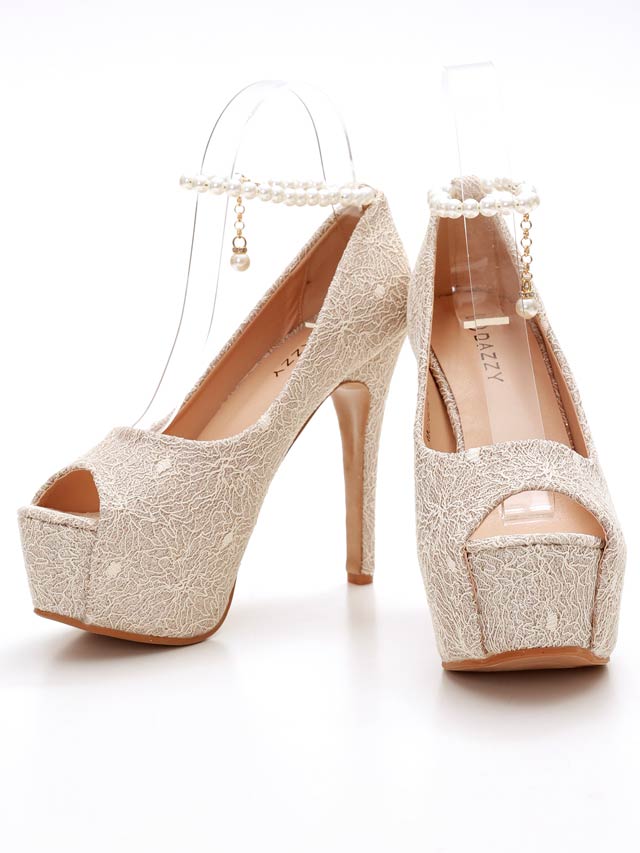 8/7再入荷![12cmヒール]レースラメパールストラップオープントゥパンプス[dazzyオリジナル]
