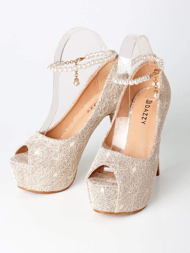 8/7再入荷![12cmヒール]レースラメパールストラップオープントゥパンプス[dazzyオリジナル]